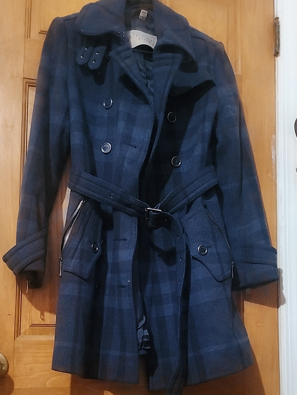 Burberry Navy Plaid Belted Trench Coat with Zip Pockets